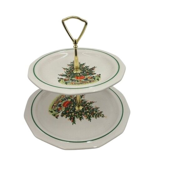 Vintage Pfaltzgraff Dish Christmas Heritage 2 Tier Tree White Green Gold Handle - Picture 1 of 7